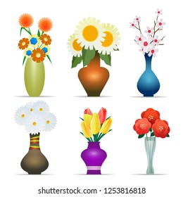 Vases with flowers. Flower plant vase set vector illustration, bouquet with yellow tulips and red poppies
