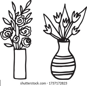 Vases with flowers. Hand drawn set of elements in doodle style. vector scandinavian monochrome minimalism. collection cozy home, hygge, tulips, roses