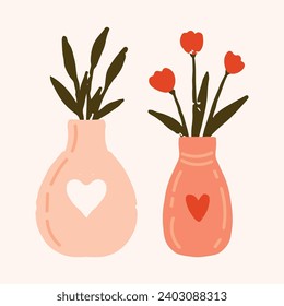 Vases with flowers and a heart