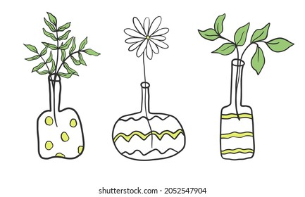 Vases with flowers and leafy branches doodle style. A set of simple outline ceramic pots with botanical elements. Images for wall decoration, vector illustration.