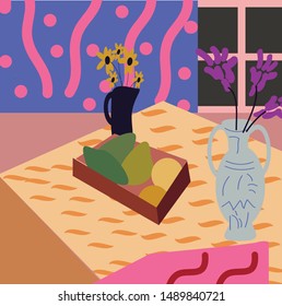 The vases and flowers on the table.