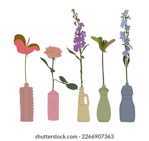Vases with flowers vector illustrations on white.