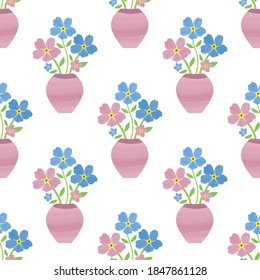 Vases of Forget-Me-Not floral seamless vector pattern background. Backdrop of painterly watercolor effect pink blue mysotis flowers in beautiful containers. Hand drawn botanical design. All over print