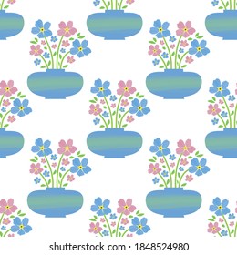 Vases of Forget-Me-Not floral seamless vector pattern background. Backdrop of painterly watercolor effect pink blue mysotis flowers in beautiful containers. Hand drawn botanical design. All over print