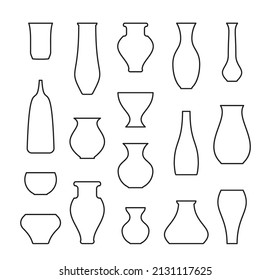 Vases icons set. Outline silhouettes of 17 different vases.