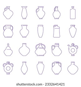 Vases and jugs icon set. Vector illustration ceramic pots in line art style. Simple image of bowl icons set. Pots for liquids of various shapes. Template for ceramic studio design