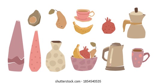 Vases, Kettle, Fruits, Cofee Mug, Tea Cup, And Coffeemaker Set. Kitchen And House Stuff. Trendy Cream Color Vector Art.