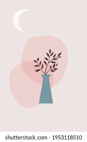 Vases, leaves watering can. Abstract modern minimalist drawing in beige tones. Stock vector illustration.Design for greeting cards, T-shirts, invitations, posters.