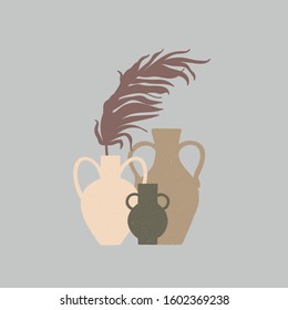 Vases and palm branch. Aesthetic minimalist vector illustration. Template for greeting cards, posters, invitations, banners.
