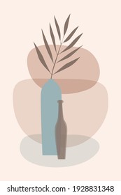 Vases, palm leaves. Abstract modern minimalist drawing in beige tones. Stock vector illustration.Design for greeting cards, T-shirts, invitations, posters