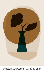 Vases, palm leaves watering can. Abstract modern minimalist drawing in beige tones. Stock vector illustration.Design for greeting cards, T-shirts, invitations, posters.
