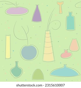 Vases in pastel colors, sketch, seamless pattern