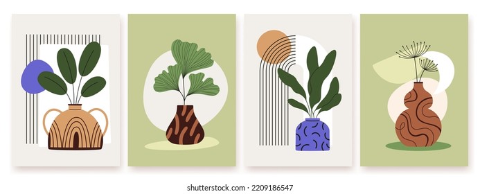 Plantillas de afiches de vases. Resumen de formas geométricas de moda, macetas y plantas. Fundas contemporáneas con hojas en jarrón decorativo de encaje, diseño vectorial