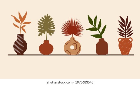 Vases, pots and plants, abstract elements, modern greek vase, tropical leaves. Decorative stylized vases for use in design, postcards
