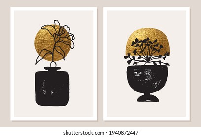 Vases, pots with plants. Golden abstract shapes, decorative elements. Modern contemporary art set. Wall art design. Cover, poster, logo, branding concept. Hand drawn grunge texture.