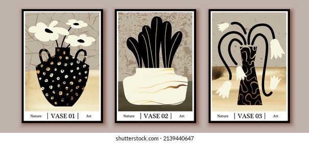 Vases, pots with plants. Golden abstract shapes, decorative elements. Modern contemporary art set. Wall art design. Cover, poster, logo, branding concept. Hand drawn grunge texture.