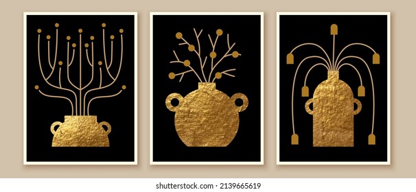 Vases, pots with plants. Golden abstract shapes, decorative elements. Modern contemporary art set. Wall art design. Cover, poster, logo, branding concept. Hand drawn grunge texture.