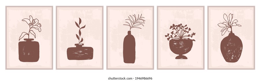 Vases, pots with plants. Grunge background. Modern contemporary art set. Wall art design. Cover, poster, logo, branding concept. Hand drawn grunge texture.