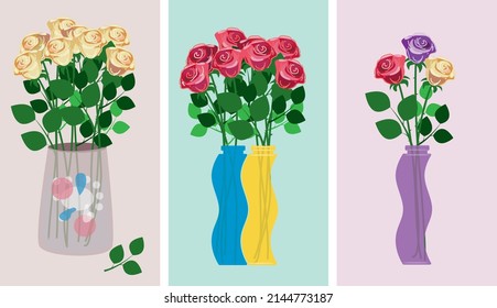 Vases with roses, yellow, red, lilac, for postcards and banners. Bouquet.