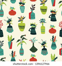 Vases Seamless Background. Hand Drawn Vector Illustration.