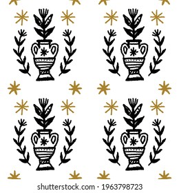 Vases seamless pattern boho magical vintage distressed art symbols or labels