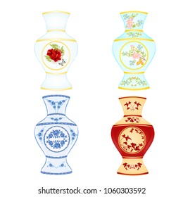 Vases various of porcelain  hibiscus ,butterfly,roses,various leaves  vintage vector illustration editable hand draw