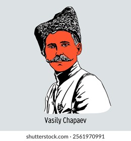 Vasily Chapayev - participant of the First World War and the Civil War, division commander in the Red Army. Immortalized in numerous jokes. Hand-drawn vector illustration