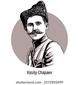 Vasily Chapayev - participant of the First World War and the Civil War, division commander in the Red Army. Immortalized in numerous jokes. Hand-drawn vector illustration