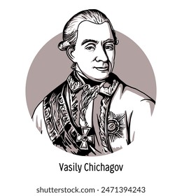 Vasily Chichagov - Russian navigator, polar explorer, naval commander of the Catherine era, admiral. Hand-drawn vector illustration