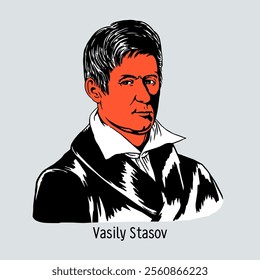 Vasily Petrovich Stasov is a Russian architect, one of the founders of the Russian Empire style. Honorary free member of the Imperial Academy of Arts. Hand-drawn vector illustration