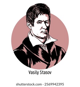 Vasily Stasov is a Russian architect, one of the founders of the Russian Empire style. Hand-drawn vector illustration