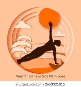 Vasishthasana yoga pose. Side Plank yoga pose. International Yoga Day. Paper cut design. Isolated vector illustration.