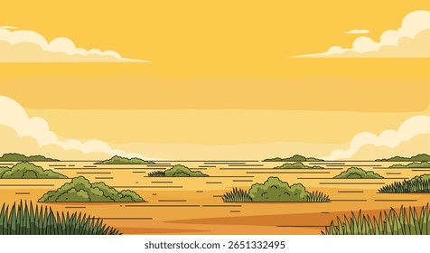 Vast african savannah landscape under warm yellow sky with scattered clouds and green bush patches