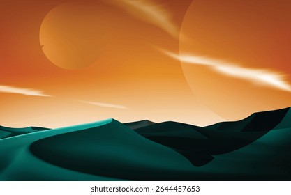 Vast Alien Desert Landscape with Sweeping Teal Dunes Under an Orange Sky Adorned by Ethereal Planetary Orbs