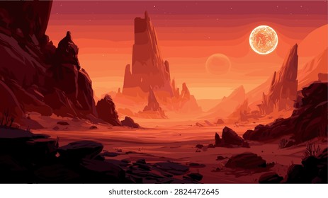 Vast Alien Landscape with Towering Rocks and Orange Sun
