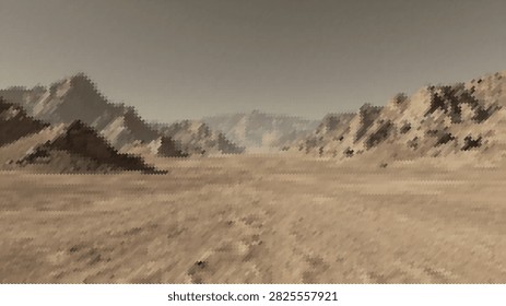 Vast arid desert plain surrounded by craggy mountain ranges under muted sky. Minimalist dry environment and geological terrain, vector illustration art.
