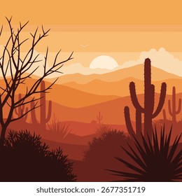 Vast arid landscape under a fiery sunset sky