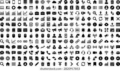 A vast assortment of glyphs representing communication finance technology and social media for web design and corporate branding.