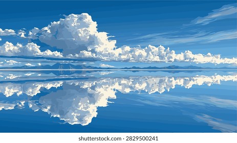 Vast Blue Sky with Clouds Reflected in Still Water