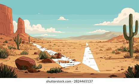 Vast Cartoon Desert Landscape with Red Rocks and Cacti