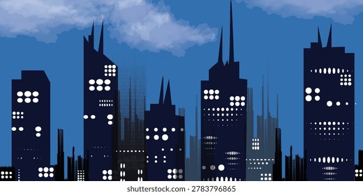 Vast cityscape at night features silhouettes of numerous skyscrapers with glowing windows under a dark blue atmospheric sky.
