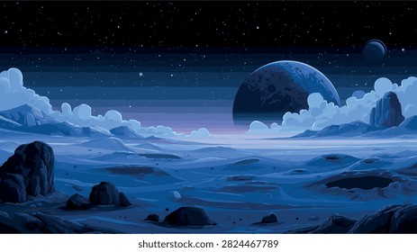 Vast Cosmic Alien Landscape with Planets and Starry Sky
