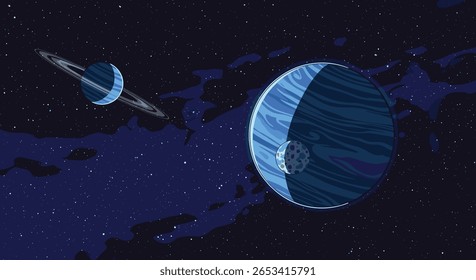 Ampla expansão cósmica com corpo celeste anelado e planeta gigante listrado com nuvens nebulosas