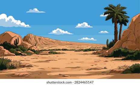 Vast Desert Landscape with Cacti, Palm Trees, and Mountains