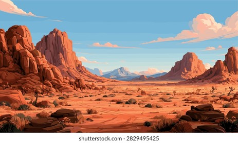 Vast Desert Landscape Illustration with Red Rock Canyons