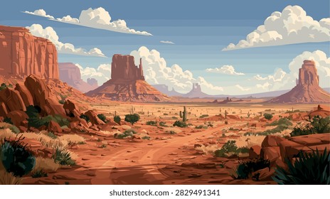 Vast Desert Landscape with Red Mesas and Blue Sky
