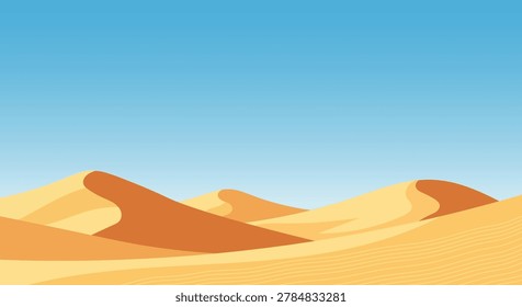 Vast desert landscape with rolling sand dunes under a clear blue sky