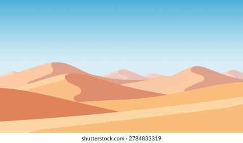 Vast desert landscape with rolling sand dunes under a clear blue sky