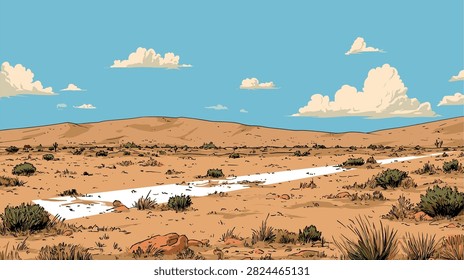 Vast Desert Scenery with Blue Sky and White Clouds