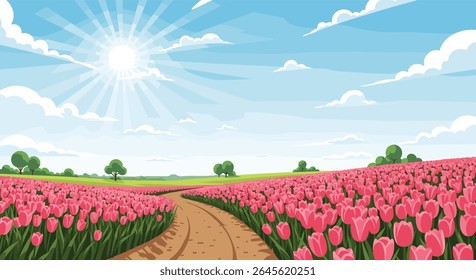 Vast Field of Pink Tulips Under a Bright Sunny Sky